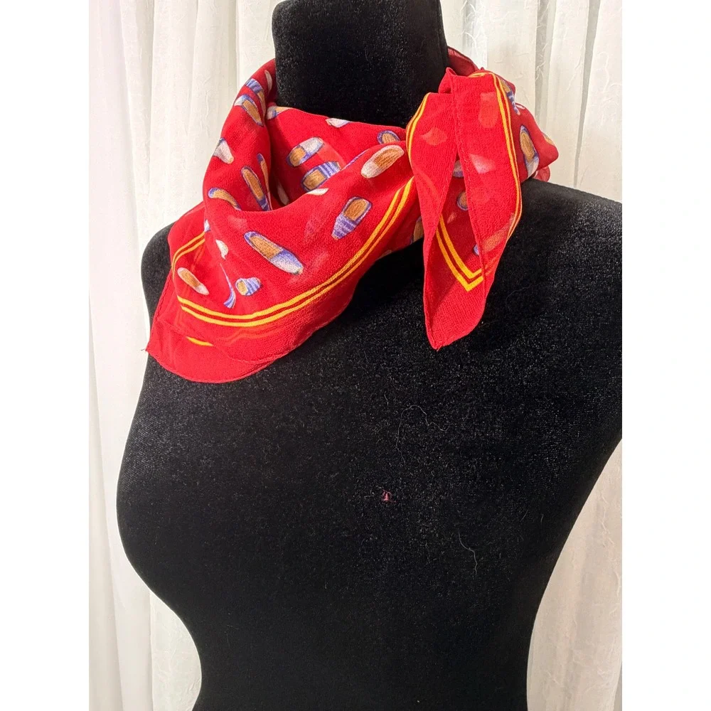 Echo Red 100% Silk Square Scarf Whimsical Shoe Print Loafer Pattern Chiffon